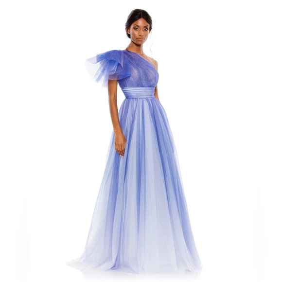 Mac Duggal 20377 NWOT  Size 14 GLITTER OMBRE RUFFLED ONE SHOULDER BALLGOWN - Picture 2 of 7